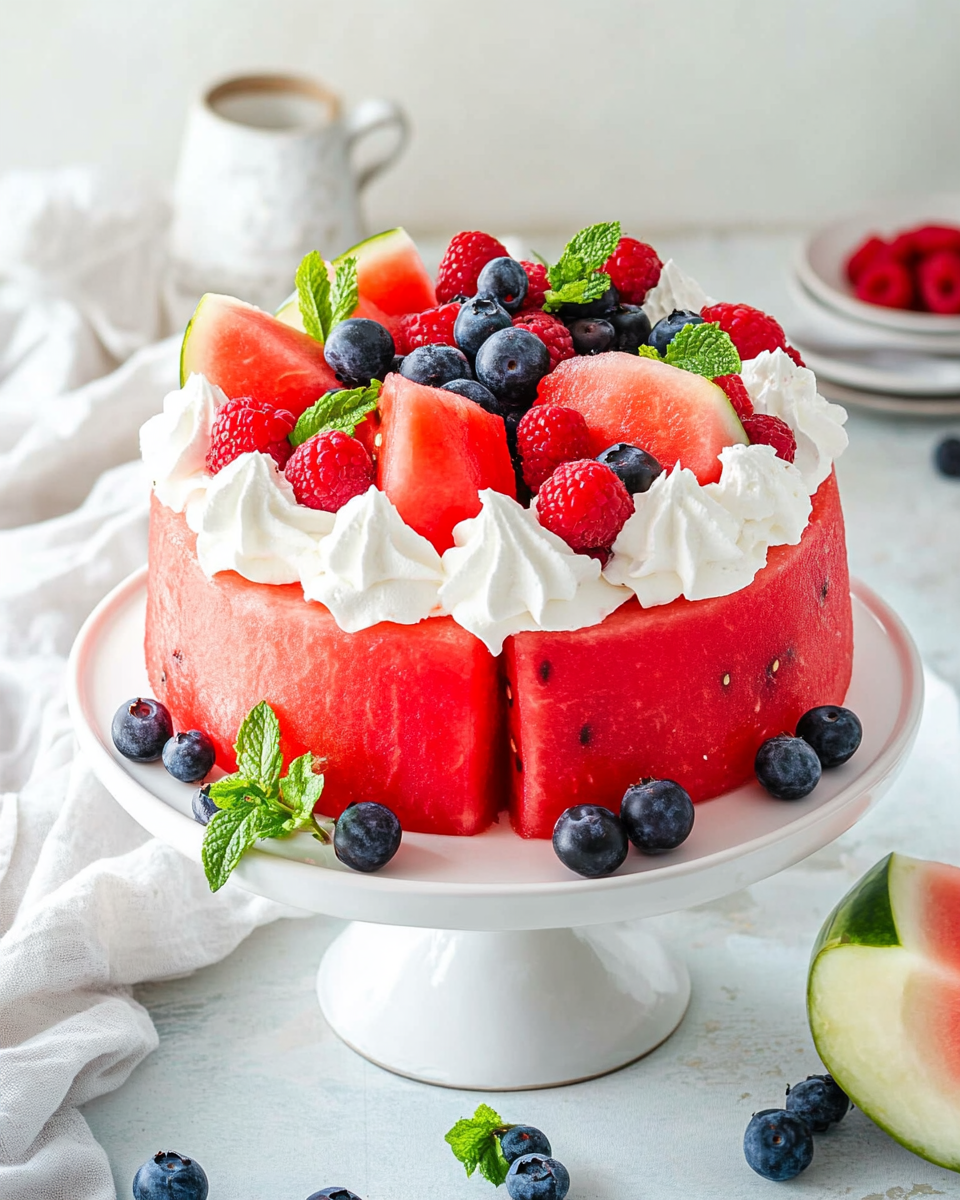 Watermelon Cake with Whipped Cream & Berries