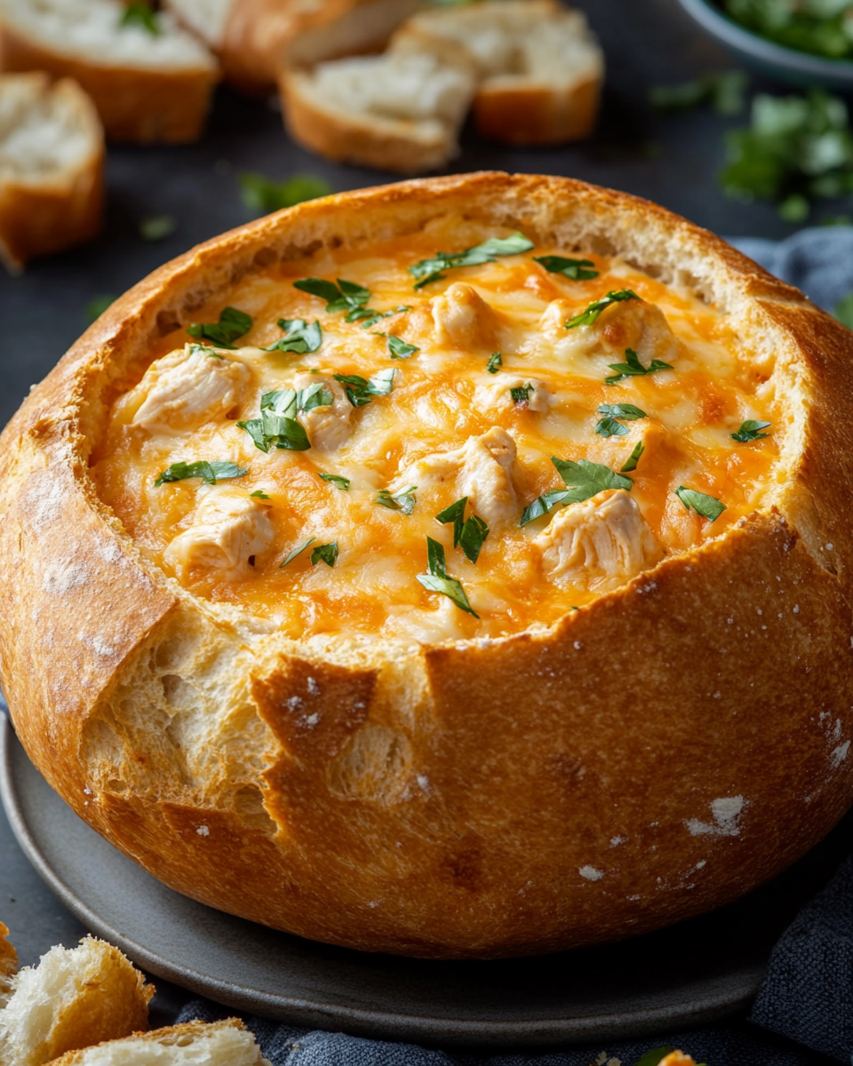 Cheesy Buffalo Chicken Bread Bowl