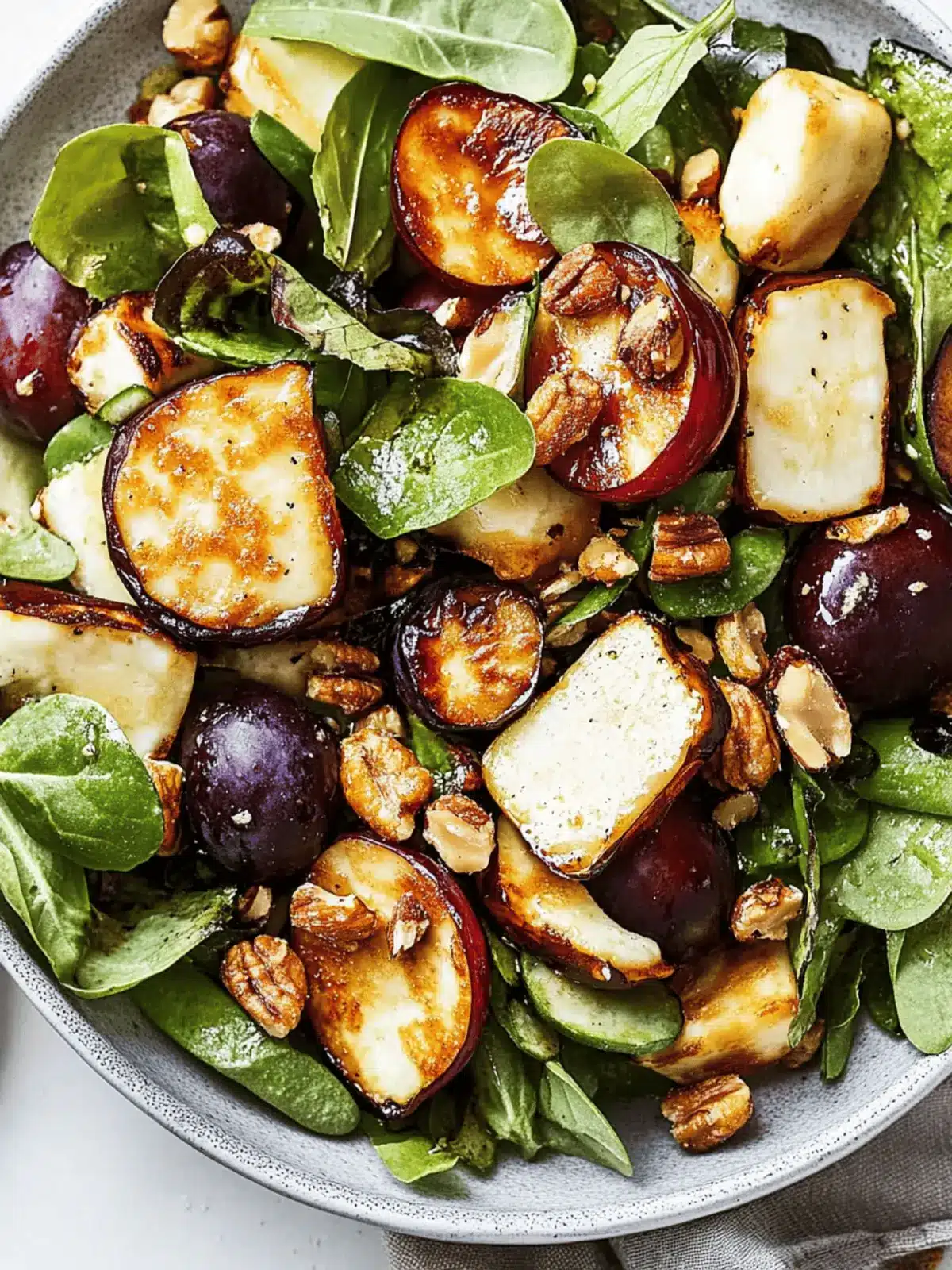 Plum and Fried Halloumi Salad with Maple-Nut Clusters