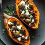 Mediterranean Baked Sweet Potatoes with Feta, Olives and Sundried Tomatoes