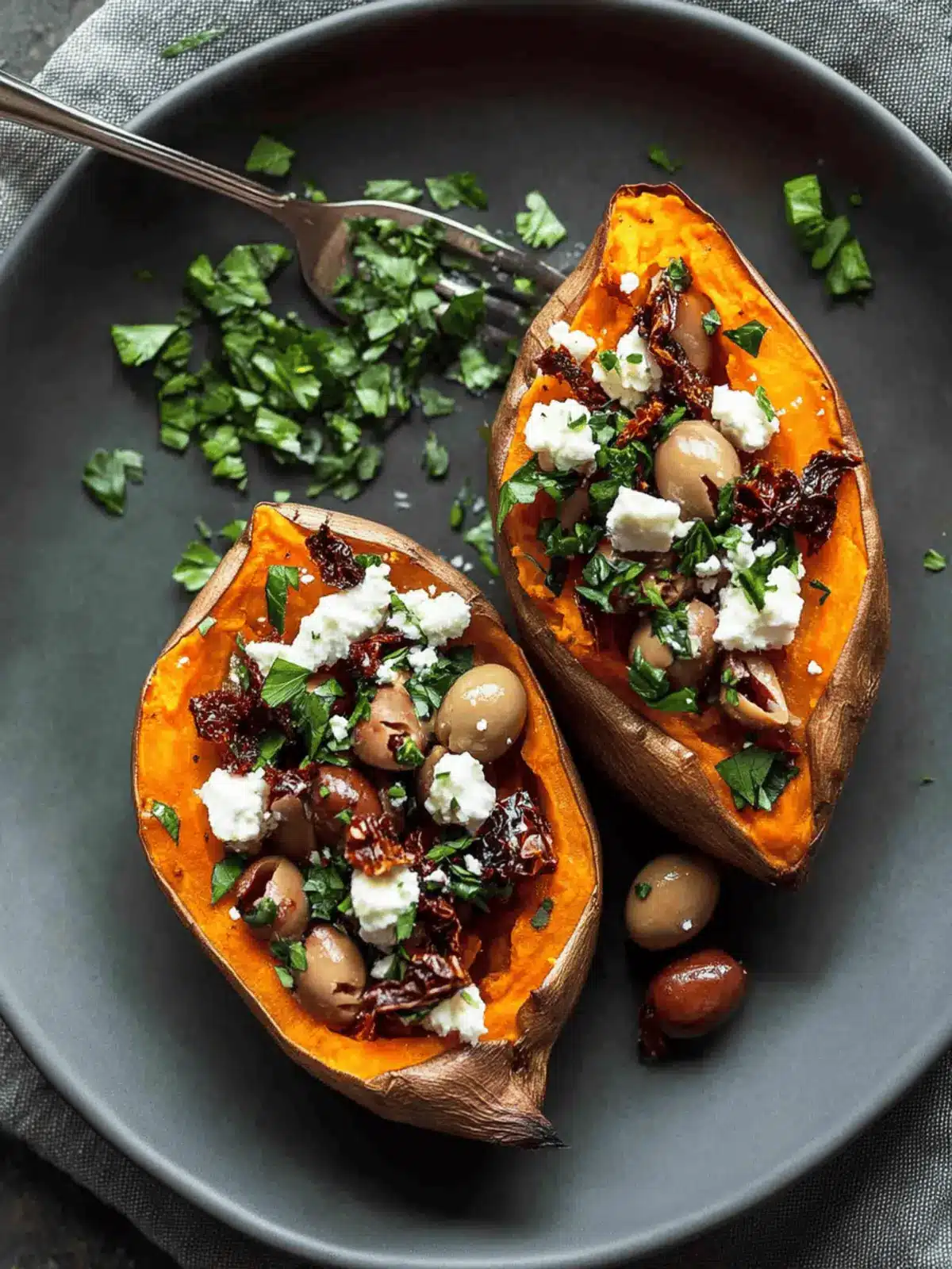 Mediterranean Baked Sweet Potatoes with Feta, Olives and Sundried Tomatoes