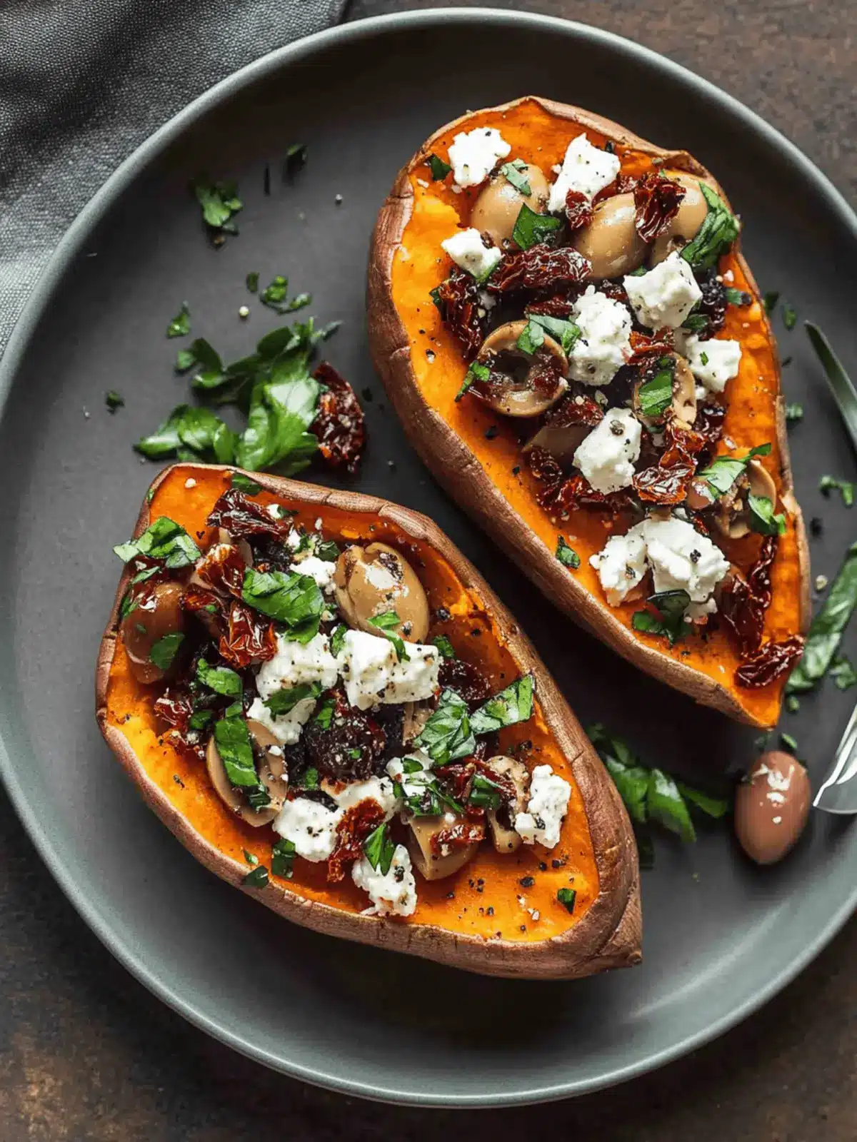 Mediterranean Baked Sweet Potatoes with Feta, Olives and Sundried Tomatoes