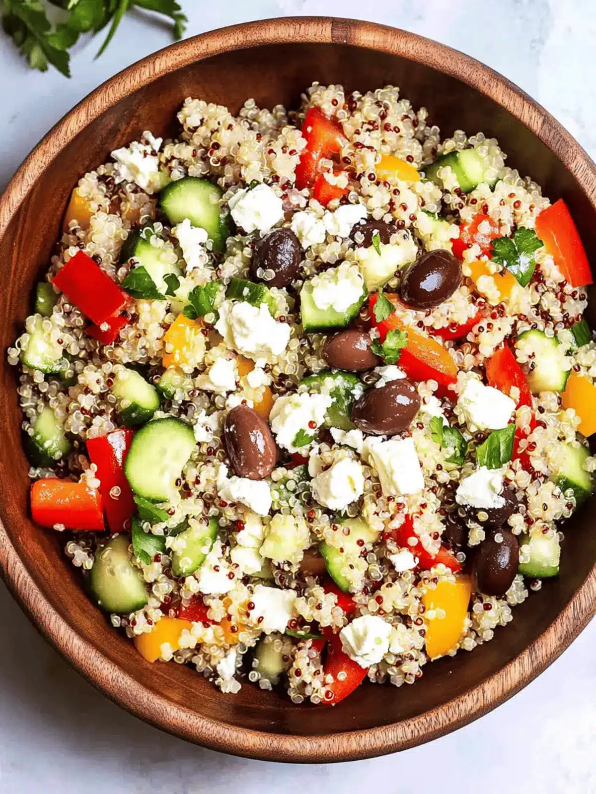 Mediterranean Quinoa Salad with Peppers, Cucumbers, Olives and Feta