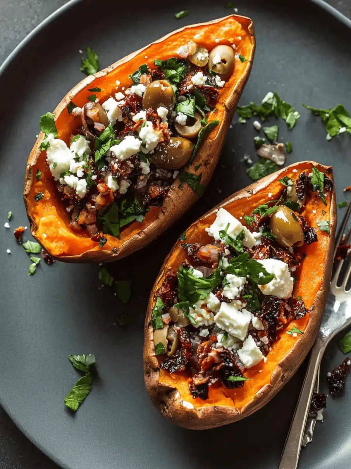 Mediterranean Baked Sweet Potatoes with Feta, Olives and Sundried Tomatoes