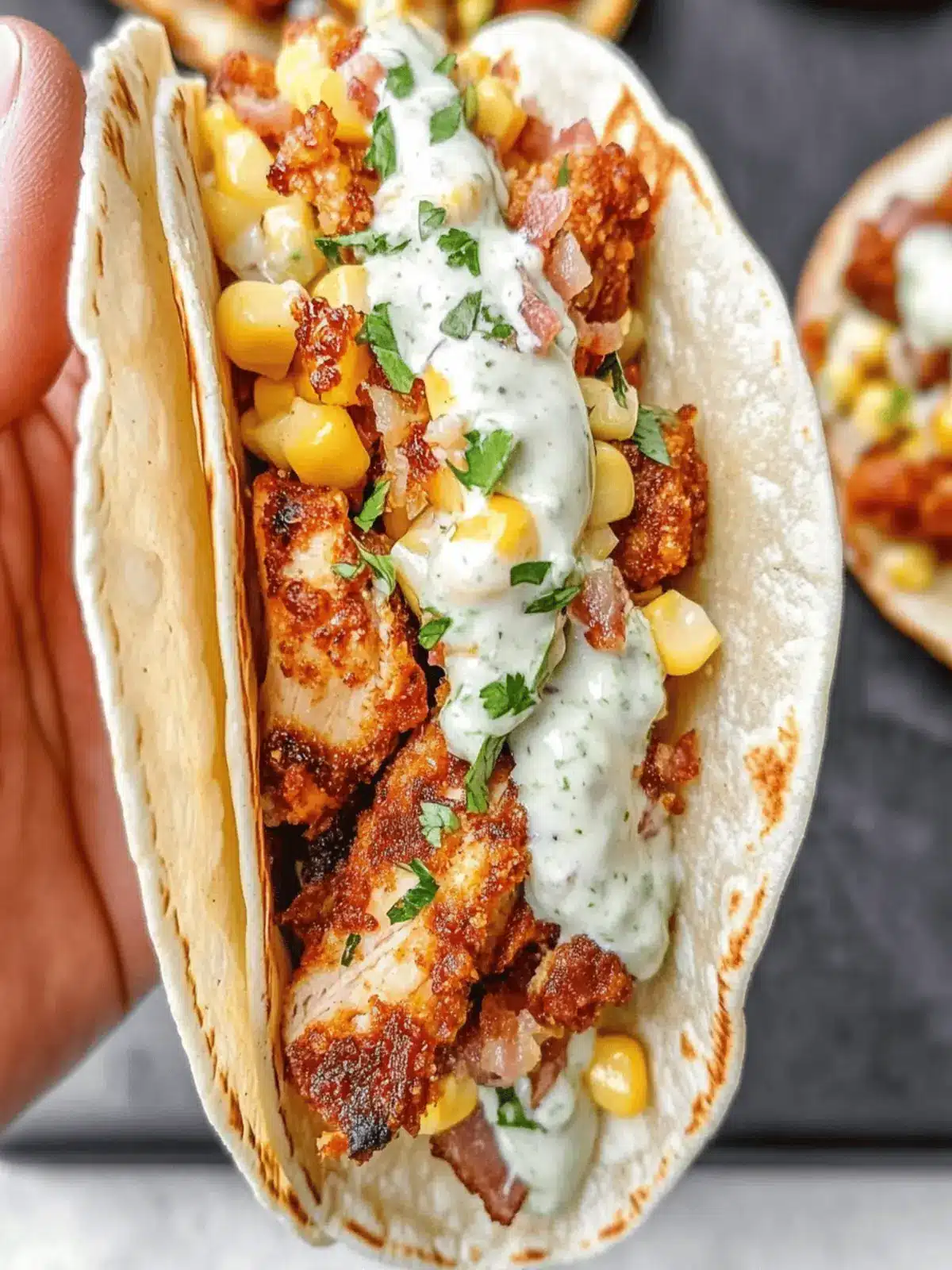 Fried Chicken Street Corn Tacos with Bacon and Jalapeno Lime Ranch
