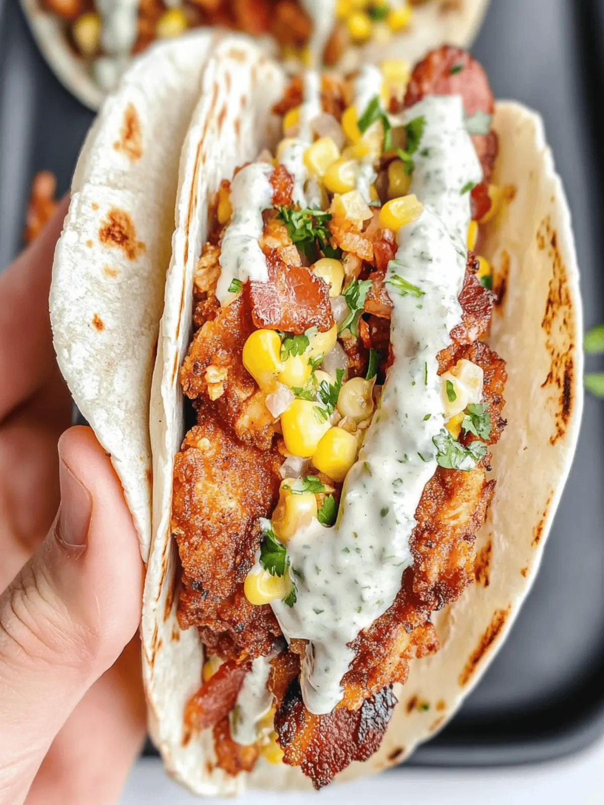 Fried Chicken Street Corn Tacos with Bacon and Jalapeno Lime Ranch