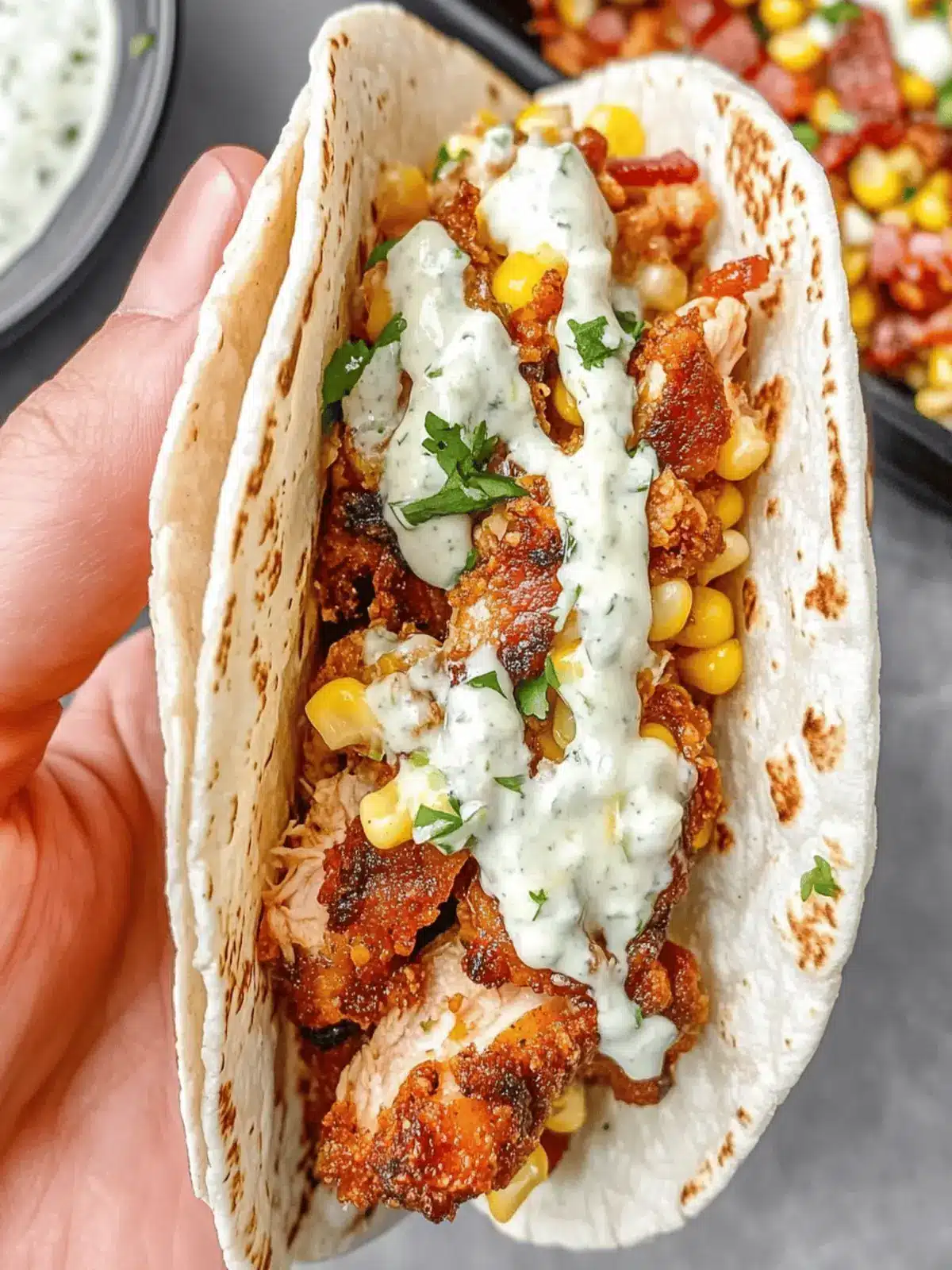 Fried Chicken Street Corn Tacos with Bacon and Jalapeno Lime Ranch