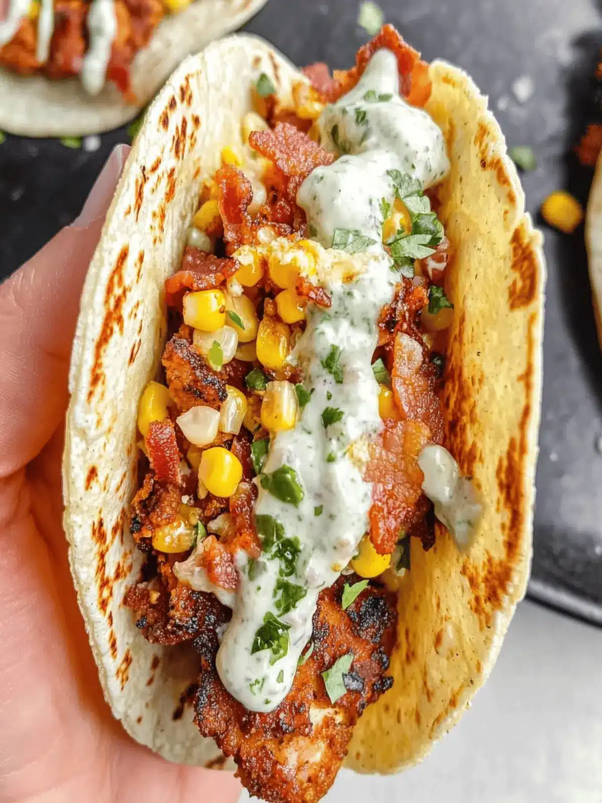 Fried Chicken Street Corn Tacos with Bacon and Jalapeno Lime Ranch